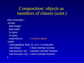 class rectangle {
private:
float height;
float width;
int xpos;
int ypos;
properties pr; // another object
public:
rectangle(float, float, int, int ); // constructor
void draw(); // draw member function
void posn(int, int); // position member function
void move(int, int); // move member function
};
Composition: objects as
members of classes (cont.)
 