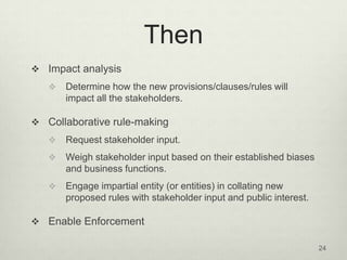 Then
 Impact analysis
      Determine how the new provisions/clauses/rules will
       impact all the stakeholders.

 C...