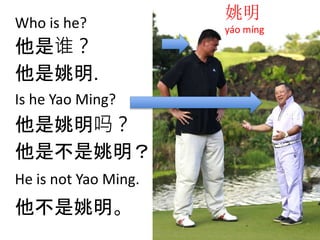 Who is he? 
他是谁？ 
他是姚明. 
姚明 
yáo míng 
Is he Yao Ming? 
他是姚明吗？ 
他是不是姚明？ 
He is not Yao Ming. 
他不是姚明。 
 
