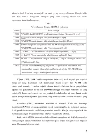 5
kinerja tidak kunjung menunjukkan hasil yang menggembirakan. Hampir Iebih
dari 80% PDAM mengalami kerugian yang tidak kunjung selesai dan selalu
mengalami kesulitan keuangan.
TABEL 1
Perkembangan Kinerja PDAM di Indonesia
Tahun Nilai Kinerja
2001 93% (186 dari 201) PDAM kesulitan melunasi hutang (Kompas, 16 pebr)
2003 91% PDAM masuk kategori tidak sehat (Kompas, 4 sept)
2004 90% PDAM masuk kategori tidak sehat (Tempo Interaktif, 27 Apr)
2005 PDAM mengalami kerugian rata-rata Rp 100 miliar pertahun (Lintkang,2005),
90% PDAM masuk kategori sakit (Tempo tnteraktif, 5 Juli)
2006 330 dari 335 PDAM memiliki kekayaan negative (Kompas, 27 Ags)
2007 44 dari 335 PDAM yang dinilai sehat (Kompas mobile, 28 Ags)
2008 80 dari 335 PDAM masuk kategori sehat (24%) , tingkat kehitangan air rata- rata
37% (Kompas, 27 Ags)
2010 234 dari seluruh PDAM yang berjumlah 337 perusahaan atau sekitar 70%
masuk dalam kategori tidak sehat. Jadi hanya ada sekitar 30% PDAM yang
masuk dalam kategori berkinerja baik (sehat).
Wijaya (2003; 2004: 2005) menyatakan bahwa (1) telah terjadi gap regulasi
harga air yang ditetapkan oleh departemen dalam negeri dan PDAM serta
pemerintah daerah, (2) telah terjadi adanya ketidakefisienan dalam pengelolaan
operasional perusahaan air minum (PDAM) sehingga berdampak pada tarif air yang
mahal. (3) dalam rangka melayani masyarakat akan kebutuhan air yang layak masih
belum mampu menunjukkan pelayanan yang memiliki rasa keadilan dan sosial yang
tinggi.
Muhairwe (2003) melakukan penelitian di National Water and Sewerage
Corporation (NWSC), sebuah perusahaan publik yang mengelola air minum di Uganda.
Hasil penelitian menunjukkan bahwa perusahan memiliki kinerja yang sangat baik dan
memuaskan dengan program reformasi internal yang mereka lakukan.
Shirley et al. (2000) menemukan bahwa Kinerja perusahaan air di Chile meningkat
seiring dengan upaya pembenahan atau reformasi pada aspek manajemen dan regulasi
yang dilakukan oleh pemerintah.
 