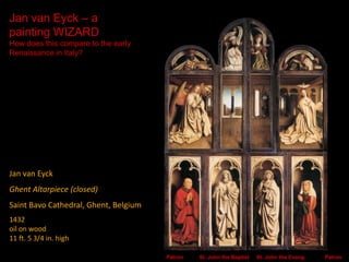 Jan van Eyck
Ghent Altarpiece (closed)
Saint Bavo Cathedral, Ghent, Belgium
1432
oil on wood
11 ft. 5 3/4 in. high
Jan van Eyck – a
painting WIZARD
How does this compare to the early
Renaissance in Italy?
Patron St. John the Baptist St. John the Evang. Patron
 