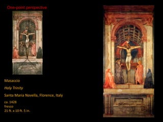 Masaccio
Holy Trinity
Santa Maria Novella, Florence, Italy
ca. 1428
fresco
21 ft. x 10 ft. 5 in.
One-point perspective
 