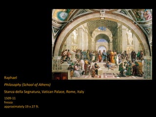 Raphael
Philosophy (School of Athens)
Stanza della Segnatura, Vatican Palace, Rome, Italy
1509-11
fresco
approximately 19 x 27 ft.
 