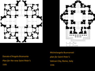 Donato d’Angelo Bramante
Plan for the new Saint Peter’s
1505
Michelangelo Buonarroti
plan for Saint Peter’s
Vatican City, Rome, Italy
1546
 