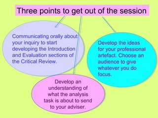Three points to get out of the session
Develop the ideas
for your professional
artefact. Choose an
audience to give
whatever you do
focus.
Communicating orally about
your inquiry to start
developing the Introduction
and Evaluation sections of
the Critical Review.
Develop an
understanding of
what the analysis
task is about to send
to your adviser.
Develop an
understanding of
what the analysis
task is about to send
to your adviser.
 