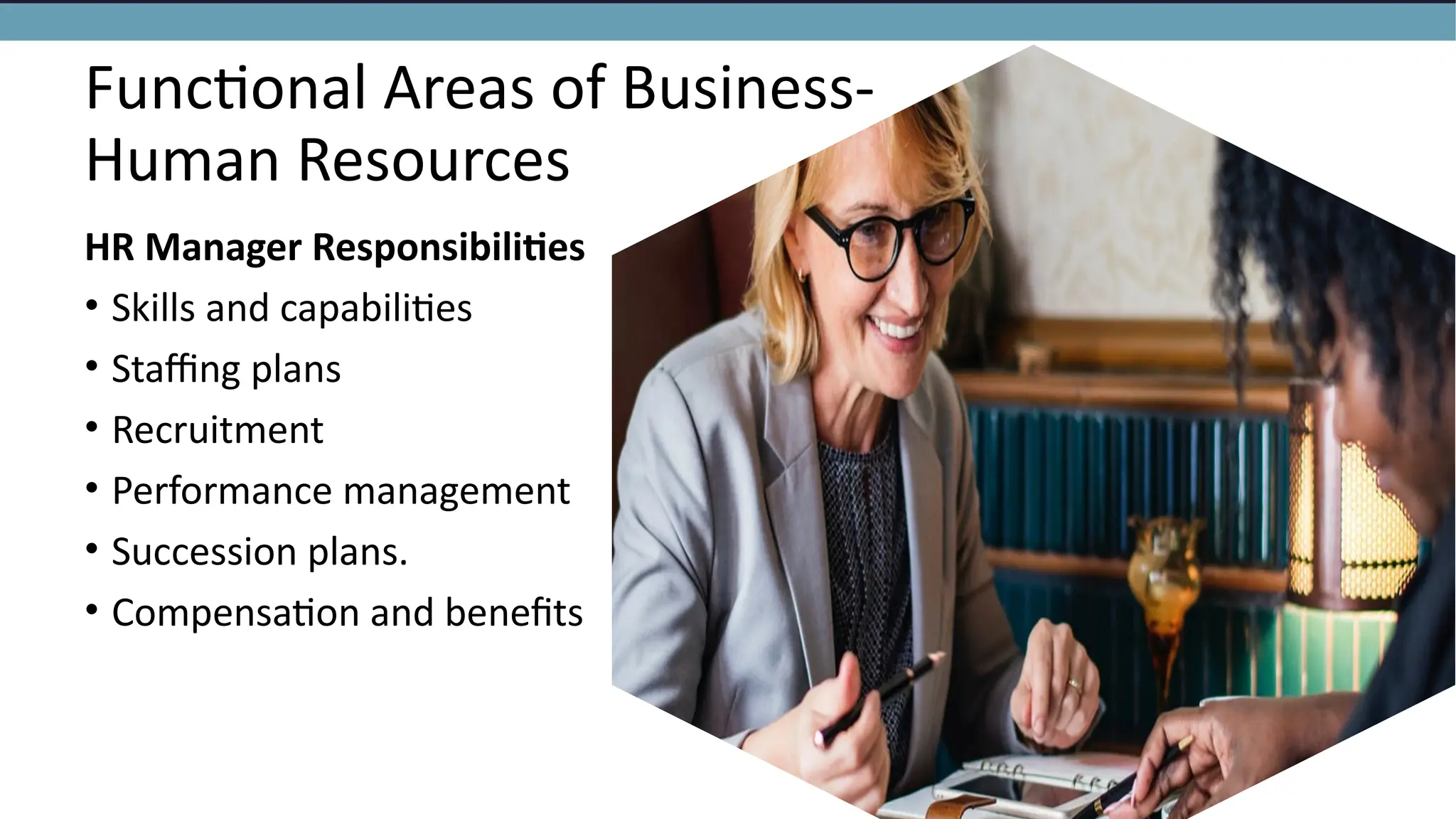 Functional Areas of Business-
Human Resources
HR Manager Responsibilities
• Skills and capabilities
• Staffing plans
• Recruitment
• Performance management
• Succession plans.
• Compensation and benefits
 
