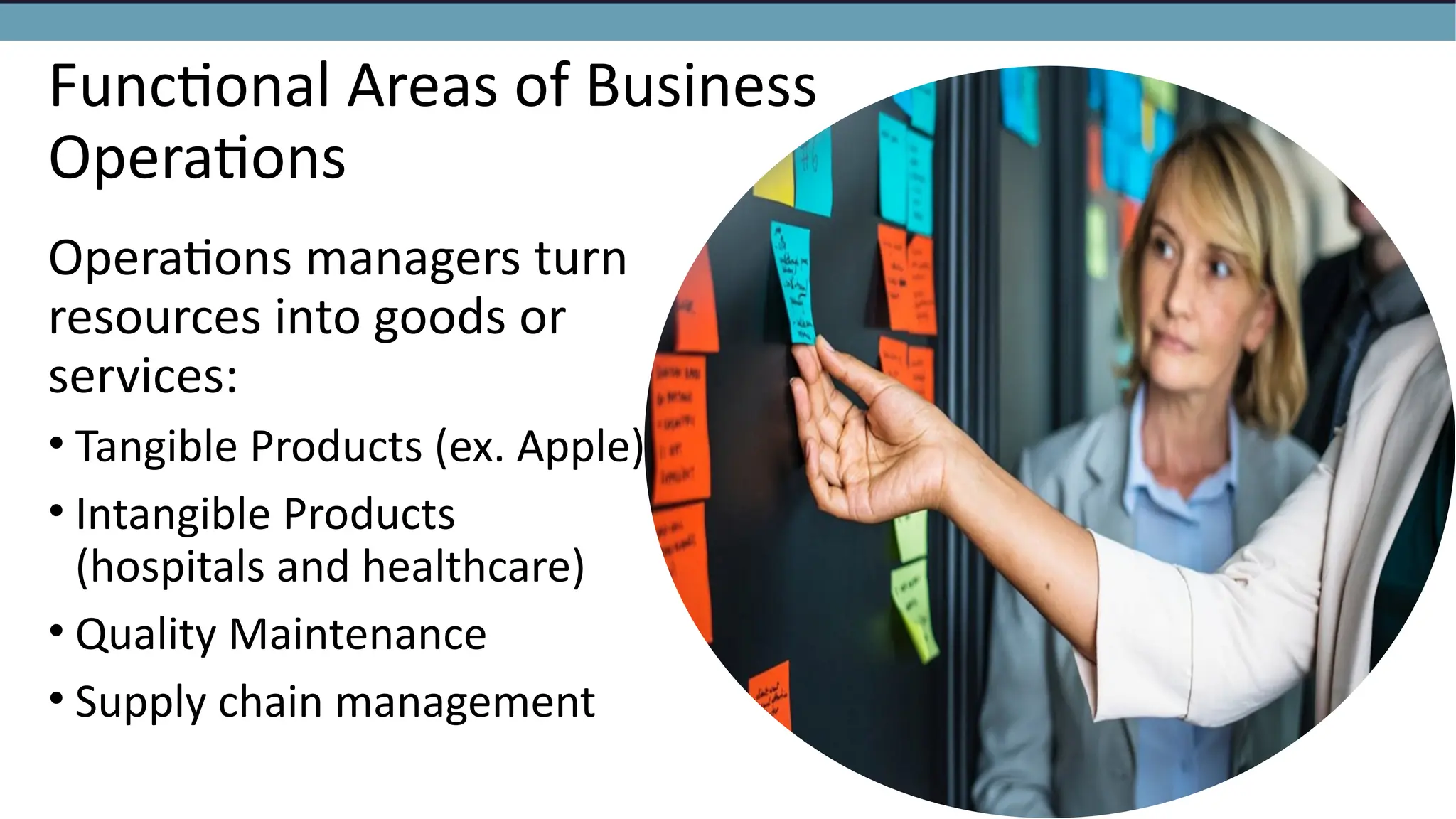 Functional Areas of Business
Operations
Operations managers turn
resources into goods or
services:
• Tangible Products (ex. Apple)
• Intangible Products
(hospitals and healthcare)
• Quality Maintenance
• Supply chain management
 