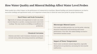 How Water Quality and Mineral Buildup Affect Water Level Probes
Water quality has a direct impact on the performance of commercial ice machines. Mineral buildup and chemical imbalances can lead to
inaccurate readings and operational issues, so it9s important to know how to check the water level probe for proper functionality.
Hard Water and Scale Formation
High levels of calcium and magnesium in water can create
mineral deposits on probes, causing inaccurate water level
readings. This may result in overfilling or insufficient ice
production.
Microscopic Mineral Layers
Even small, invisible particles can coat the probe, reducing
electrical conductivity and interfering with sensor
performance. Over time, this subtle buildup can lead to
intermittent machine issues.
Chemical Corrosion
Chlorine and other water treatment chemicals can slowly
corrode metal probes, decreasing sensitivity and lifespan.
Impact of Water Temperature
Warm water accelerates mineral deposition, especially
during heavy ice production, increasing the risk of probe
malfunction.
 