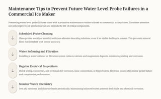 Maintenance Tips to Prevent Future Water Level Probe Failures in a
Commercial Ice Maker
Preventing water level probe failures starts with a proactive maintenance routine tailored to commercial ice machines. Consistent attention
not only improves ice production but also extends the life of critical components.
Scheduled Probe Cleaning
Clean probes weekly or monthly with non-abrasive descaling solutions, even if no visible buildup is present. This prevents mineral
films that interfere with sensor accuracy.
Water Softening and Filtration
Installing a water softener or filtration system reduces calcium and magnesium deposits, minimizing scaling and corrosion.
Regular Electrical Inspections
Check wiring, connectors, and terminals for corrosion, loose connections, or frayed wires. Electrical issues often mimic probe failure
and compromise performance.
Monitor Water Chemistry
Test pH, hardness, and chlorine levels periodically. Maintaining balanced water prevents both scale and chemical corrosion.
 