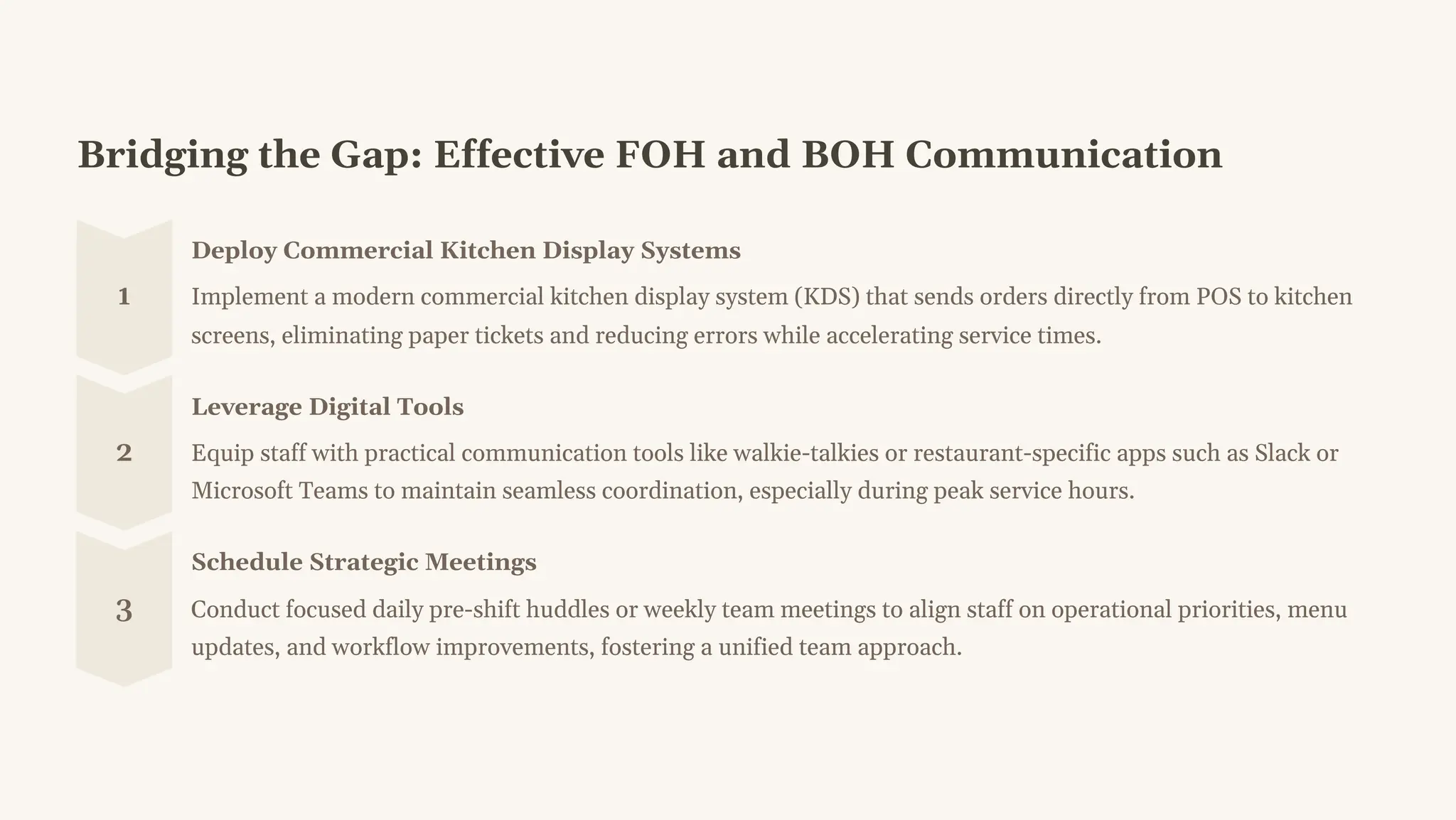 Bridging the Gap: Effective FOH and BOH Communication
1
Deploy Commercial Kitchen Display Systems
Implement a modern commercial kitchen display system (KDS) that sends orders directly from POS to kitchen
screens, eliminating paper tickets and reducing errors while accelerating service times.
2
Leverage Digital Tools
Equip staff with practical communication tools like walkie-talkies or restaurant-specific apps such as Slack or
Microsoft Teams to maintain seamless coordination, especially during peak service hours.
3
Schedule Strategic Meetings
Conduct focused daily pre-shift huddles or weekly team meetings to align staff on operational priorities, menu
updates, and workflow improvements, fostering a unified team approach.
 