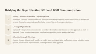Bridging the Gap: Effective FOH and BOH Communication
1
Deploy Commercial Kitchen Display Systems
Implement a modern commercial kitchen display system (KDS) that sends orders directly from POS to kitchen
screens, eliminating paper tickets and reducing errors while accelerating service times.
2
Leverage Digital Tools
Equip staff with practical communication tools like walkie-talkies or restaurant-specific apps such as Slack or
Microsoft Teams to maintain seamless coordination, especially during peak service hours.
3
Schedule Strategic Meetings
Conduct focused daily pre-shift huddles or weekly team meetings to align staff on operational priorities, menu
updates, and workflow improvements, fostering a unified team approach.
 