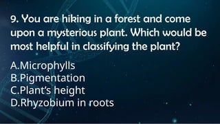 INSTRUCTIONS
• THE TEACHER WILL ASK STUDENTS RANDOMLY ABOUT
THE 4TH
QUARTER TOPICS.
FIRST ANSWER – 100%
SECOND ANSWER – 95%
THIRD ANSWER - 90%
FOURTH ANSWER - 80%
9. You are hiking in a forest and come
upon a mysterious plant. Which would be
most helpful in classifying the plant?
A.Microphylls
B.Pigmentation
C.Plant’s height
D.Rhyzobium in roots
 