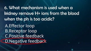 INSTRUCTIONS
• THE TEACHER WILL ASK STUDENTS RANDOMLY ABOUT
THE 4TH
QUARTER TOPICS.
FIRST ANSWER – 100%
SECOND ANSWER – 95%
THIRD ANSWER - 90%
FOURTH ANSWER - 80%
6. What mechanism is used when a
kidney remove H+ ions from the blood
when the ph is too acidic?
A.Effector loop
B.Receptor loop
C.Positive feedback
D.Negative feedback
 
