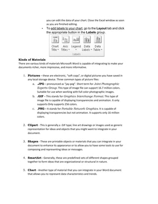 you can edit the data of your chart. Close the Excel window as soon
as you are finished editing.
• To add labels to your chart, go to the Layout tab and click
the appropriate button in the Labels group.
Kinds of Materials
There are various kinds of materials Microsoft Word is capable of integrating to make your
documents richer, more impressive, and more informative.
1. Pictures – these are electronic, “soft copy”, or digital pictures you have saved in
any local storage device. Three common types of picture files:
a. .JPG – pronounced as “jay-peg”. Short term for Joint Photographic
Experts Group. This type of image file can support 16.7 million colors.
Suitable for use when working with full color photographic images.
b. .GIF – This stands for Graphics Interchange Format. This type of
image file is capable of displaying transparencies and animation. It only
supports Only supports 256 colors.
c. .PNG – It stands for Portable Network Graphics. It is capable of
displaying transparencies but not animation. It supports only 16 million
colors.
2. Clipart - This is generally a .GIF type; line art drawings or images used as generic
representation for ideas and objects that you might want to integrate in your
document.
3. Shapes - These are printable objects or materials that you can integrate in your
document to enhance its appearance or to allow you to have some tools to use for
composing and representing ideas or messages.
4. SmartArt - Generally, these are predefined sets of different shapes grouped
together to form ideas that are organizational or structural in nature.
5. Chart - Another type of material that you can integrate in your Word document
that allows you to represent data characteristics and trends.
 