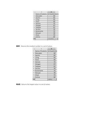MIN - Returns the smallest number in a set of values.
MAX - Returns the largest value in a set of values.
 