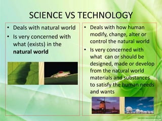 • Deals with natural world
• Is very concerned with
what (exists) in the
natural world
• Deals with how human
modify, change, alter or
control the natural world
• Is very concerned with
what can or should be
designed, made or develop
from the natural world
materials and substances
to satisfy the human needs
and wants
SCIENCE VS TECHNOLOGY
 