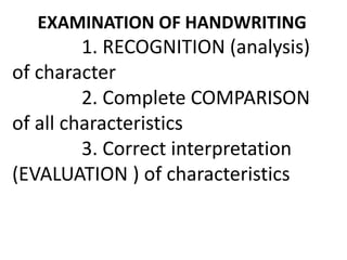 EXAMINATION OF HANDWRITING
1. RECOGNITION (analysis)
of character
2. Complete COMPARISON
of all characteristics
3. Correct interpretation
(EVALUATION ) of characteristics
 