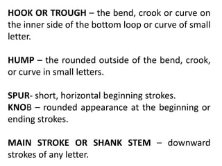 HOOK OR TROUGH – the bend, crook or curve on
the inner side of the bottom loop or curve of small
letter.
HUMP – the rounded outside of the bend, crook,
or curve in small letters.
SPUR- short, horizontal beginning strokes.
KNOB – rounded appearance at the beginning or
ending strokes.
MAIN STROKE OR SHANK STEM – downward
strokes of any letter.
 