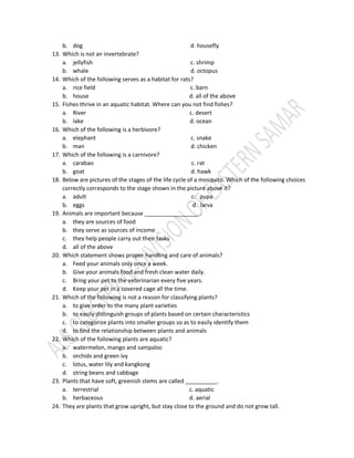 b. dog d. housefly
13. Which is not an invertebrate?
a. jellyfish c. shrimp
b. whale d. octopus
14. Which of the following serves as a habitat for rats?
a. rice field c. barn
b. house d. all of the above
15. Fishes thrive in an aquatic habitat. Where can you not find fishes?
a. River c. desert
b. lake d. ocean
16. Which of the following is a herbivore?
a. elephant c. snake
b. man d. chicken
17. Which of the following is a carnivore?
a. carabao c. rat
b. goat d. hawk
18. Below are pictures of the stages of the life cycle of a mosquito. Which of the following choices
correctly corresponds to the stage shown in the picture above it?
a. adult c. pupa
b. eggs d. larva
19. Animals are important because _________________ .
a. they are sources of food
b. they serve as sources of income
c. they help people carry out their tasks
d. all of the above
20. Which statement shows proper handling and care of animals?
a. Feed your animals only once a week.
b. Give your animals food and fresh clean water daily.
c. Bring your pet to the veterinarian every five years.
d. Keep your pet in a covered cage all the time.
21. Which of the following is not a reason for classifying plants?
a. to give order to the many plant varieties
b. to easily distinguish groups of plants based on certain characteristics
c. to categorize plants into smaller groups so as to easily identify them
d. to find the relationship between plants and animals
22. Which of the following plants are aquatic?
a. watermelon, mango and sampaloc
b. orchids and green ivy
c. lotus, water lily and kangkong
d. string beans and cabbage
23. Plants that have soft, greenish stems are called __________.
a. terrestrial c. aquatic
b. herbaceous d. aerial
24. They are plants that grow upright, but stay close to the ground and do not grow tall.
 