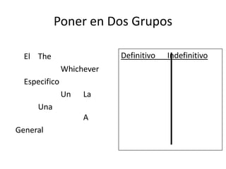 Poner en Dos Grupos

  El The                   Definitivo   Indefinitivo
               Whichever
  Especifico
               Un   La
     Una
                    A
General
 