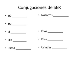 Conjugaciones de SER
• YO __________      • Nosotros __________

• TU __________

• El __________      • Ellos __________

• Ella _________     • Ellas __________

• Usted __________   • Ustedes __________
 