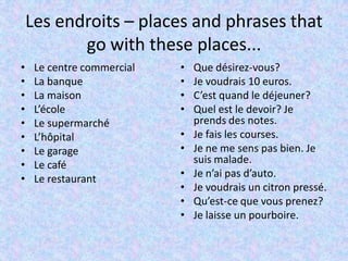 Les endroits – places and phrases that
           go with these places...
•    Le centre commercial   •   Que désirez-vous?
•    La banque              •   Je voudrais 10 euros.
•    La maison              •   C’est quand le déjeuner?
•    L’école                •   Quel est le devoir? Je
•    Le supermarché             prends des notes.
•    L’hôpital              •   Je fais les courses.
•    Le garage              •   Je ne me sens pas bien. Je
•    Le café                    suis malade.
•    Le restaurant          •   Je n’ai pas d’auto.
                            •   Je voudrais un citron pressé.
                            •   Qu’est-ce que vous prenez?
                            •   Je laisse un pourboire.
 