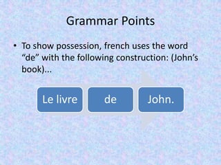 Grammar Points
• To show possession, french uses the word
  “de” with the following construction: (John’s
  book)...


       Le livre        de         John.
 