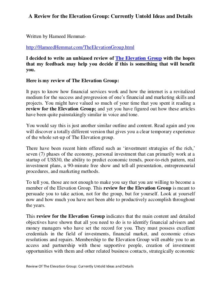 Review For The Elevation Group Currently Untold Ideas And Details