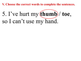 V. Choose the correct words to complete the sentences.
5. I’ve hurt my thumb / toe,
so I can’t use my hand.
 