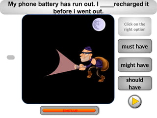 should
have
might have
must have
My phone battery has run out. I ____recharged it
before i went out.
Click on the
right option
TIME’S UP
 