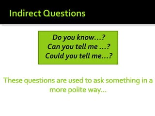 Do you know…?
Can you tell me …?
Could you tell me…?
 