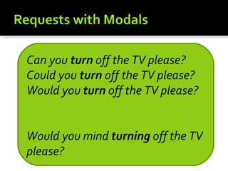 Can you turn off the TV please?
Could you turn off the TV please?
Would you turn off the TV please?


Would you mind turning off the TV
please?
 