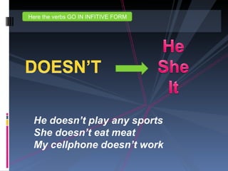 Here the verbs GO IN INFITIVE FORM




 He doesn’t play any sports
 She doesn’t eat meat
 My cellphone doesn’t work
 