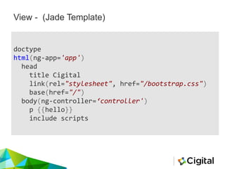 View - (Jade Template)
doctype
html(ng-app='app')
head
title Cigital
link(rel="stylesheet", href="/bootstrap.css")
base(href="/")
body(ng-controller=‘controller')
p {{hello}}
include scripts
 
