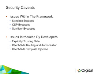 Security Caveats
• Issues Within The Framework
• Sandbox Escapes
• CSP Bypasses
• Sanitizer Bypasses
• Issues Introduced By Developers
• Explicitly Trusting Data
• Client-Side Routing and Authorization
• Client-Side Template Injection
 