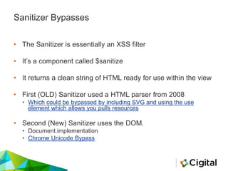 Sanitizer Bypasses
• The Sanitizer is essentially an XSS filter
• It’s a component called $sanitize
• It returns a clean string of HTML ready for use within the view
• First (OLD) Sanitizer used a HTML parser from 2008
• Which could be bypassed by including SVG and using the use
element which allows you pulls resources
• Second (New) Sanitizer uses the DOM.
• Document.implementation
• Chrome Unicode Bypass
 