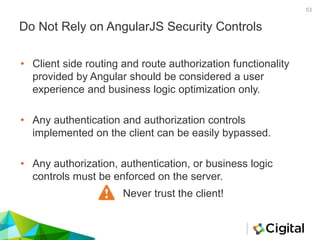 Do Not Rely on AngularJS Security Controls
53
• Client side routing and route authorization functionality
provided by Angular should be considered a user
experience and business logic optimization only.
• Any authentication and authorization controls
implemented on the client can be easily bypassed.
• Any authorization, authentication, or business logic
controls must be enforced on the server.
Never trust the client!
 