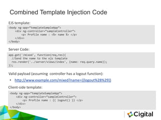 Combined Template Injection Code
app.get('/mixed', function(req,res){
//Send the name to the ejs template
res.render('../server/views/index', {name: req.query.name});
});
<body ng-app=“templateSampleApp”>
<div ng-controller=“sampleController”>
<p> Profile name : <%= name %> </p>
</div>
</body>
Server Code:
EJS template:
Valid payload (assuming controller has a logout function):
• http://www.example.com/mixed?name={{logout%28%29}}
Client-side template:
<body ng-app=“templateSampleApp”>
<div ng-controller=“sampleController”>
<p> Profile name : {{ logout() }} </p>
</div>
</body>
 