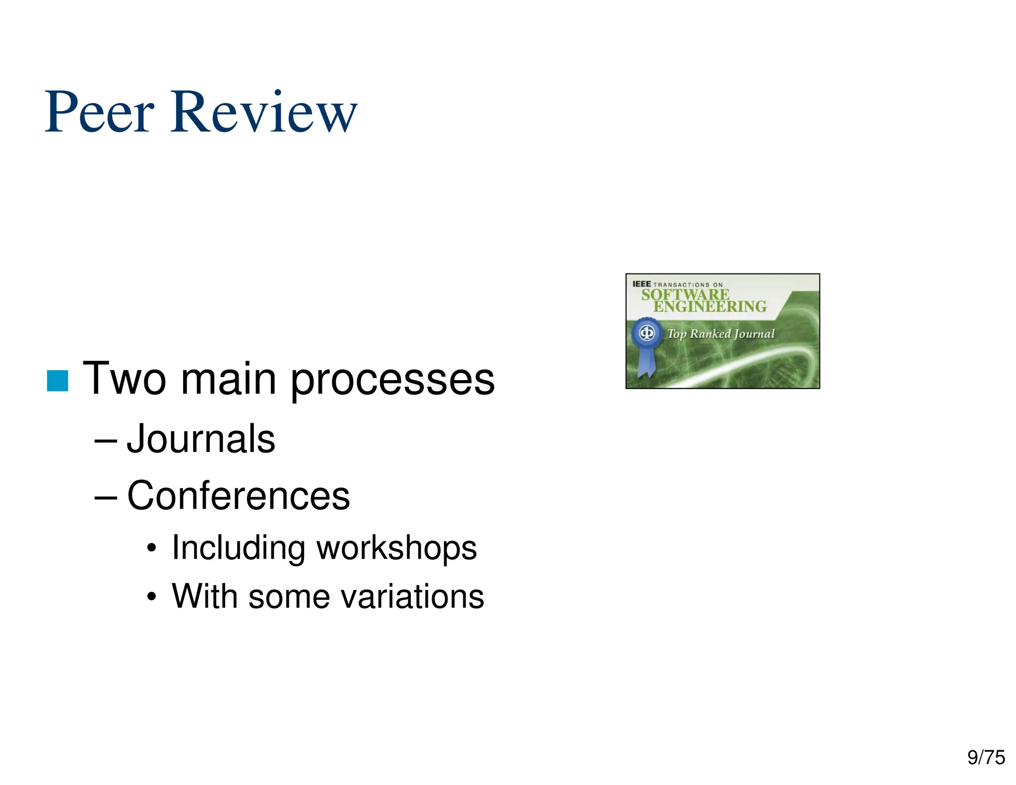 9/75
Peer Review
 Two main processes
– Journals
– Conferences
• Including workshops
• With some variations
 