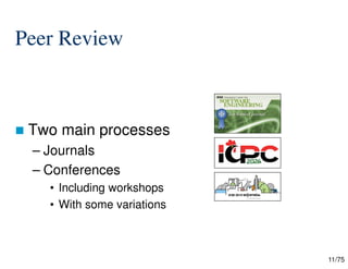 11/75
Peer Review
 Two main processes
– Journals
– Conferences
• Including workshops
• With some variations
 