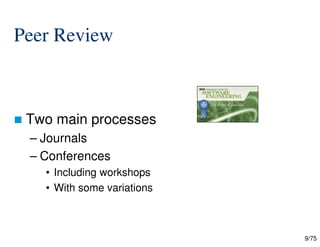 9/75
Peer Review
 Two main processes
– Journals
– Conferences
• Including workshops
• With some variations
 