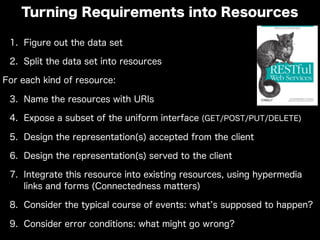 1. Figure out the data set
2. Split the data set into resources
For each kind of resource:
3. Name the resources with URIs
4. Expose a subset of the uniform interface (GET/POST/PUT/DELETE)
5. Design the representation(s) accepted from the client
6. Design the representation(s) served to the client
7. Integrate this resource into existing resources, using hypermedia
links and forms (Connectedness matters)
8. Consider the typical course of events: what s supposed to happen?
9. Consider error conditions: what might go wrong?
Turning Requirements into Resources
 
