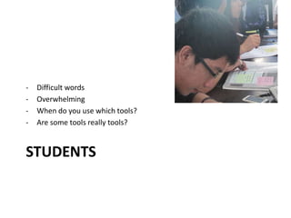 STUDENTS
- Difficult words
- Overwhelming
- When do you use which tools?
- Are some tools really tools?
 