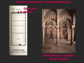 Islamic Architecture: Hypostyle Mosques  Qibla wall;    Mihrab  Great Mosque, Cordoba  Moors (Spain)  