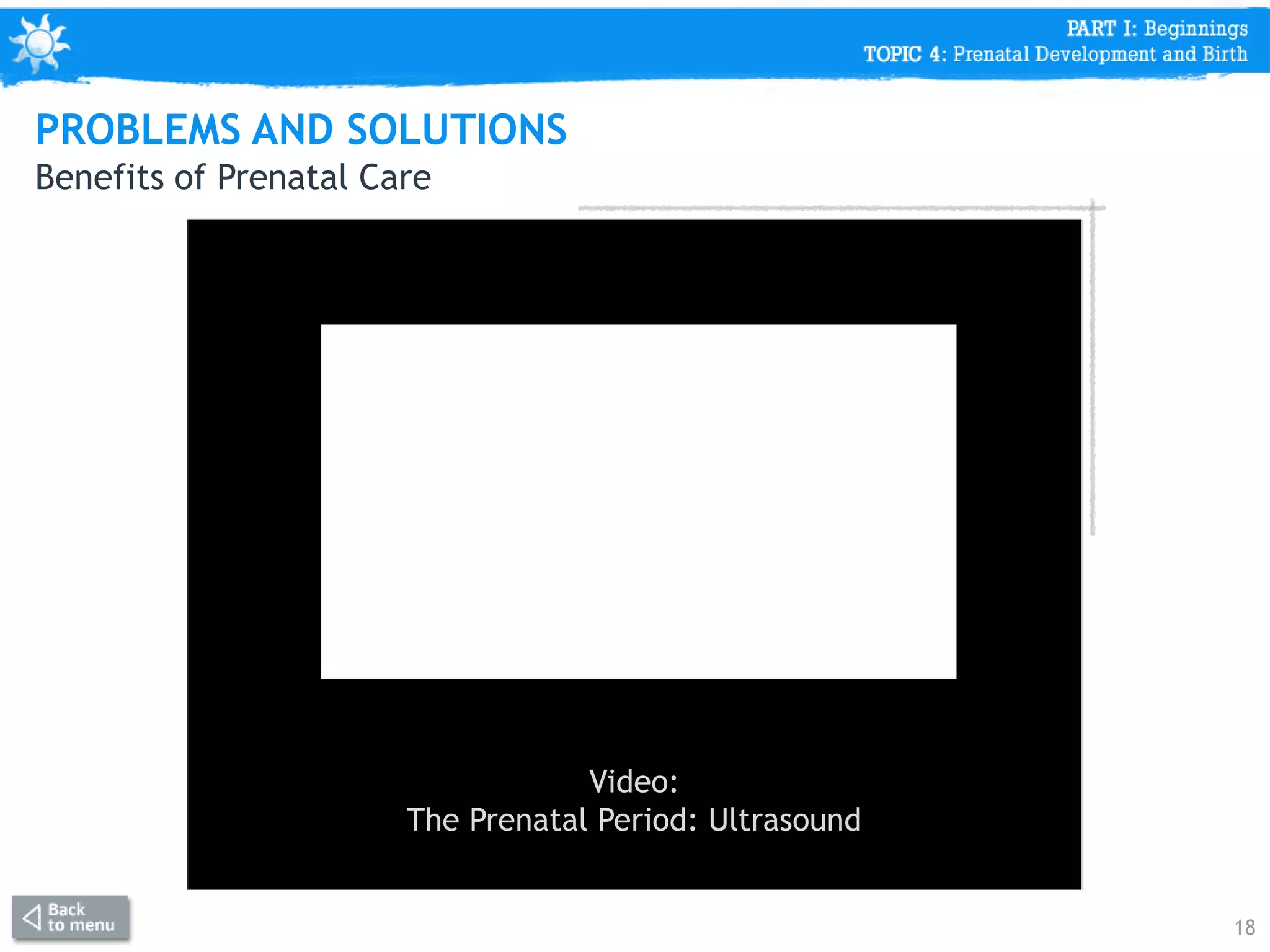 Benefits of Prenatal Care
18
Video:
The Prenatal Period: Ultrasound
PROBLEMS AND SOLUTIONS
 