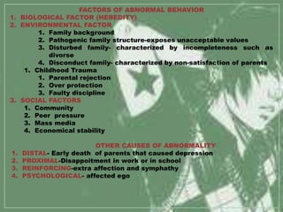 FACTORS OF ABNORMAL BEHAVIOR
1. BIOLOGICAL FACTOR (HEREDITY)
2. ENVIRONMENTAL FACTOR
1. Family background
2. Pathogenic family structure-exposes unacceptable values
3. Disturbed family- characterized by incompleteness such as
divorse
4. Disconduct family- characterized by non-satisfaction of parents
1. Childhood Trauma
1. Parental rejection
2. Over protection
3. Faulty discipline
3. SOCIAL FACTORS
1. Community
2. Peer pressure
3. Mass media
4. Economical stability
OTHER CAUSES OF ABNORMALITY
1. DISTAL- Early death of parents that caused depression
2. PROXIMAL-Disappoitment in work or in school
3. REINFORCING-extra affection and symphathy
4. PSYCHOLOGICAL- affected ego
 