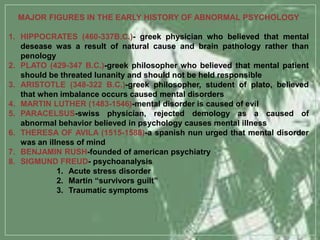 MAJOR FIGURES IN THE EARLY HISTORY OF ABNORMAL PSYCHOLOGY
1. HIPPOCRATES (460-337B.C.)- greek physician who believed that mental
desease was a result of natural cause and brain pathology rather than
penology
2. PLATO (429-347 B.C.)-greek philosopher who believed that mental patient
should be threated lunanity and should not be held responsible
3. ARISTOTLE (348-322 B.C.)-greek philosopher, student of plato, believed
that when imbalance occurs caused mental disorders
4. MARTIN LUTHER (1483-1546)-mental disorder is caused of evil
5. PARACELSUS-swiss physician, rejected demology as a caused of
abnormal behavior believed in psychology causes mental illness
6. THERESA OF AVILA (1515-1588)-a spanish nun urged that mental disorder
was an illness of mind
7. BENJAMIN RUSH-founded of american psychiatry
8. SIGMUND FREUD- psychoanalysis
1. Acute stress disorder
2. Martin “survivors guilt”
3. Traumatic symptoms
 