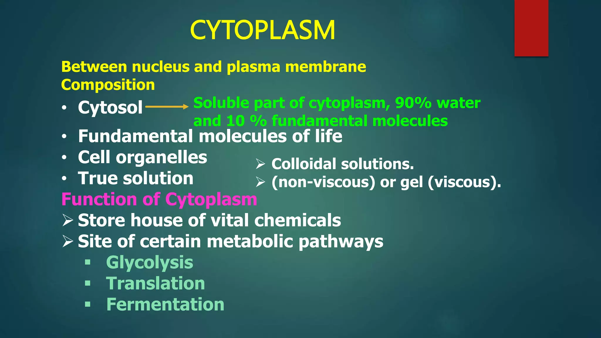 CYTOPLASM
• Cytosol Soluble part of cytoplasm, 90% water
and 10 % fundamental molecules
• Fundamental molecules of life
• Cell organelles
• True solution
Function of Cytoplasm
 Store house of vital chemicals
 Site of certain metabolic pathways
 Glycolysis
 Translation
 Fermentation
Between nucleus and plasma membrane
Composition
 Colloidal solutions.
 (non-viscous) or gel (viscous).
 