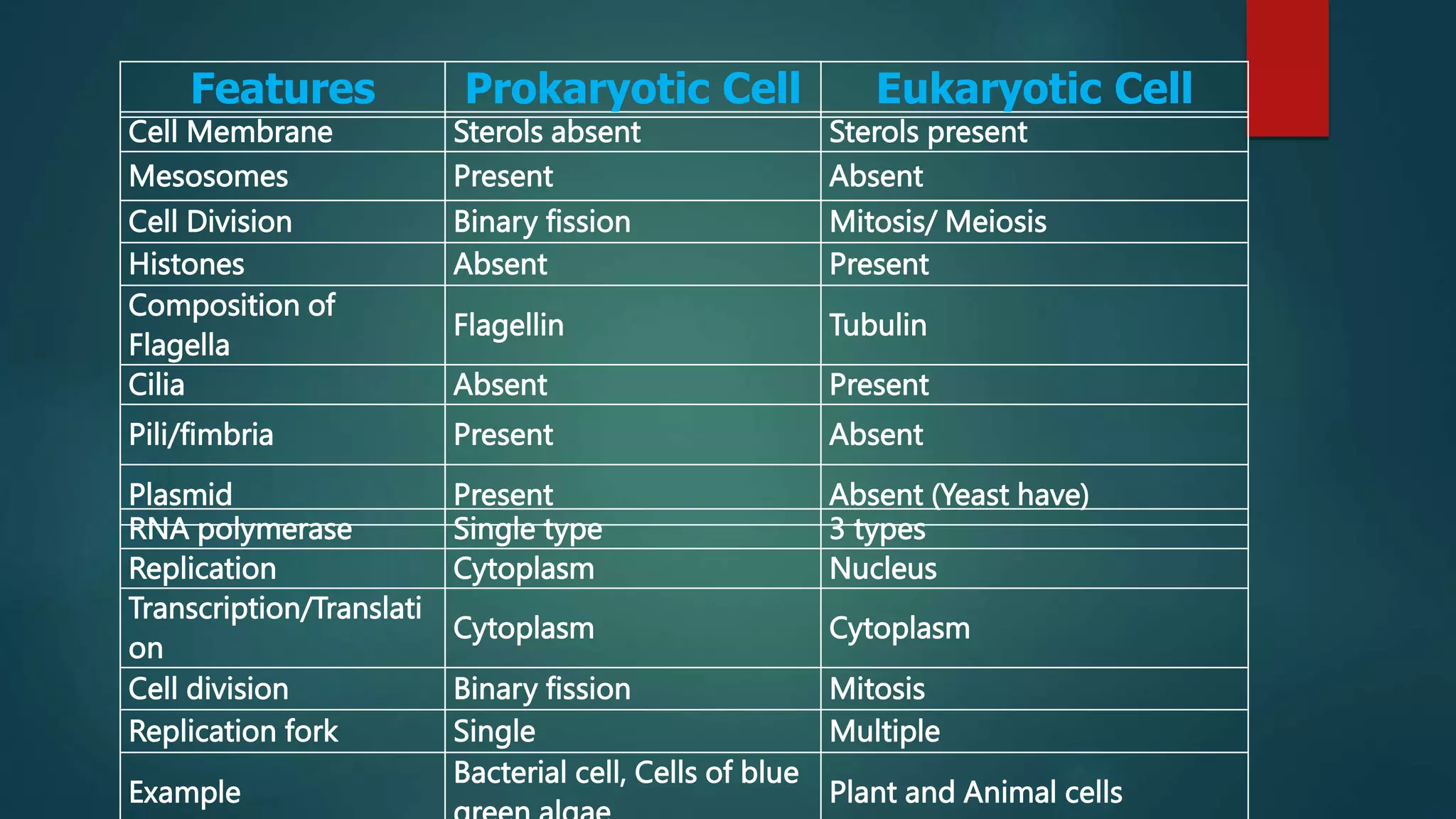 Cell Membrane Sterols absent Sterols present
Mesosomes Present Absent
Cell Division Binary fission Mitosis/ Meiosis
Histones Absent Present
Composition of
Flagella
Flagellin Tubulin
Cilia Absent Present
Pili/fimbria Present Absent
Plasmid Present Absent (Yeast have)
RNA polymerase Single type 3 types
Replication Cytoplasm Nucleus
Transcription/Translati
on
Cytoplasm Cytoplasm
Cell division Binary fission Mitosis
Replication fork Single Multiple
Example
Bacterial cell, Cells of blue
Plant and Animal cells
Features Prokaryotic Cell Eukaryotic Cell
 