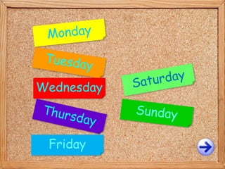 Monday
Tuesday
Wednesday
Thursday
Friday
Saturday
Sunday
 